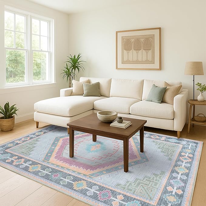 Fame Living Washable Area Rug. Modern Farmhouse. Vintage. Turkish. Bohemian. Distressed. Oriental. Traditional. Rugs for Living Room. Dining. Bedroom. Office. Entryway. Foyer. (856GP, 9'5" x 14')