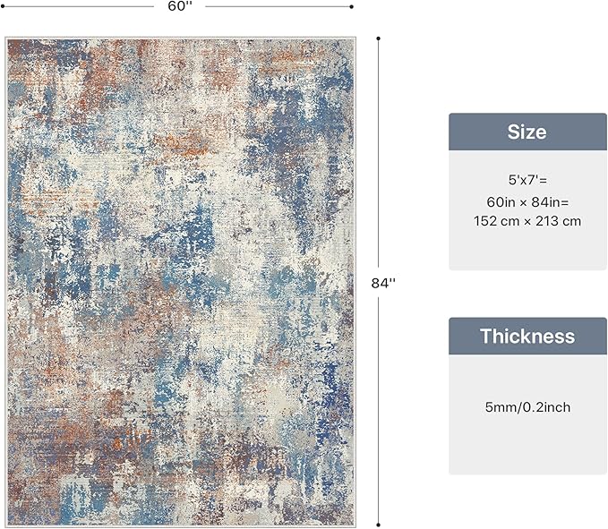 5x7 Area Rugs Washable Blue Rug for Living Room Bedroom, Abstract Modern Large Rug Non Slip, Water Repellent Low Pile Soft Carpet for Dining Room, Blue Rust