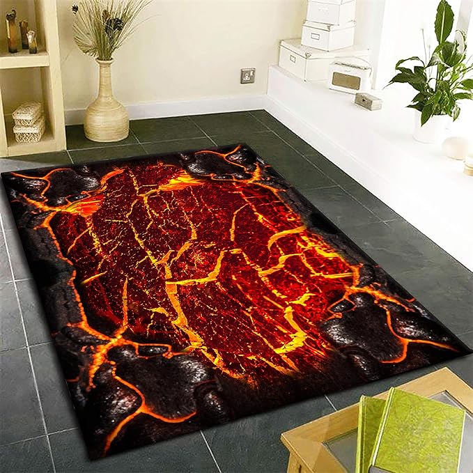 Visual Illusion Lava Area Rug, 5x7ft, 3D Red Flame Volcanic Rock Carpet for Living Room, Fade Resistant Absorbent Floor Mat, No Crease Foldable Soft Low Pile Rugs for Bedside Hallway