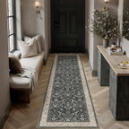 HUGEAR 2x6 Runner Rug Machine Washable Black Beige Hallway Area Rugs Indoor Accent Rugs Floral Low Pile Carpet Distressed Throw Rugs Bedroom Living Room Office Dining Kitchen Laundry Non Slip