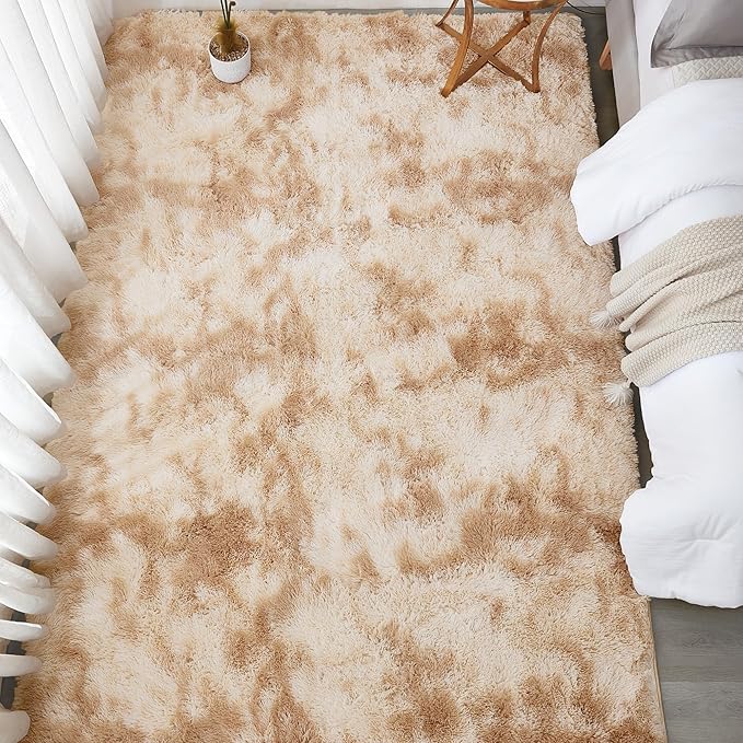 Andency Soft Area Rugs for Living Room Bedroom, 3x5 Non-Slip Fluffy Shag Carpet, Indoor Floor Fuzzy Shaggy Living Room Plush Rug for Kids Dorm Nursery Home Decor Aesthetic, Tie-Dyed Beige