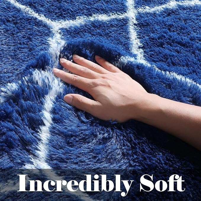 ONASAR Area Rugs for Bedroom Living Room, Washable 4x6 Fluffy Navy Blue and White Throw Rug for Home Decor, Geometric Soft Shaggy Plush Floor Carpet for Kids Girls Boys Teen Nursery Dorm Office