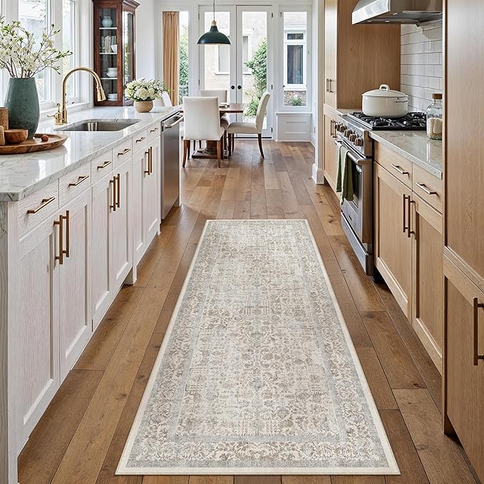 Taupe Runner Rug 3x7 Hallway Machine Washable Kitchen Vintage Distressed Non Slip Long Carpet Indoor Retro Floral Bedroom Accent Throw Rug for Bathroom Office Laundry Dining Living Room