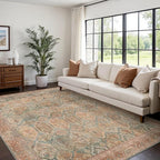 Bavni Washable Rug 6x9 Area Rug for Living Room Bedroom Dining, Washable Vintage Print Carpet, Ultra-Thin Chenille Low Pile Lightweight Rug with Non Slip Backing, Clay