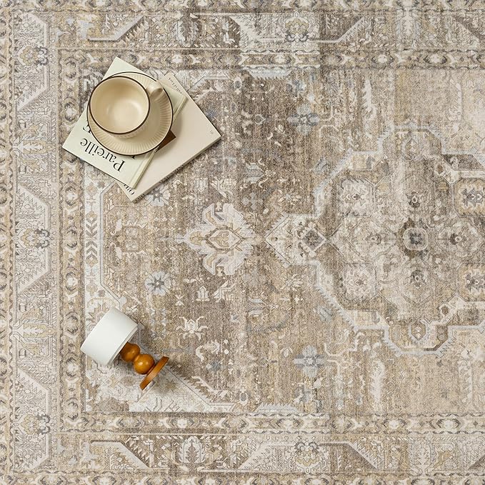 3x5 Washable Vintage Area Rug for Living Room Bedroom Non Slip Distressed Traditional Soft Runner Rug Beige Brown Low Pile Lightweight Floral Carpet Entrance Laundry Room Kitchen