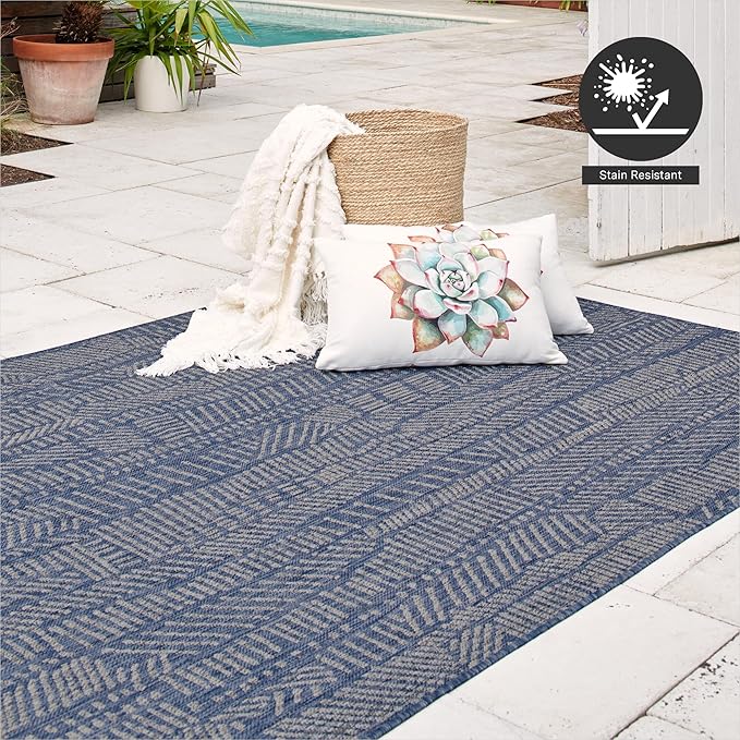 FH Home Flat Woven Outdoor Rug - Waterproof, Easy to Clean, Stain resistant - Premium Polypropylene Yarn - Modern Abstract - Patio, Deck, Porch, Balcony,Laundry Room - Suez - Blue - 3ft 11in x 5ft 6in