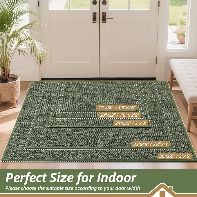 BEQHAUSE Dirt Trapper Door Mat 20" x 32", Non-Slip Washable Doormats Entrance Mat, Dirt Resistant and Absorbent Welcome Mat, Low Profile Floor Mats for Front Back Door and Entryway, Green