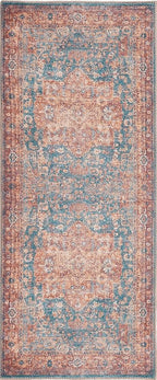 GLN Rugs Traditional Collection - Machine Washable Area Rug, Traditional Washable, Non Slip, Low Pile Chenille Rug, Living Room, Bedroom, Kitchen Rug (2'6" x 7' Terra/Green)