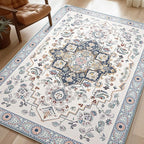 Phantoscope Washable Area Rug 9'x12' Non-Slip, Vintage Boho Rugs for Living Room, Bedroom, Dining Room, Persian Floral Medallion Pattern, Low-Pile Foldable Floor Carpet, Ivory Blue/Garden Bloom