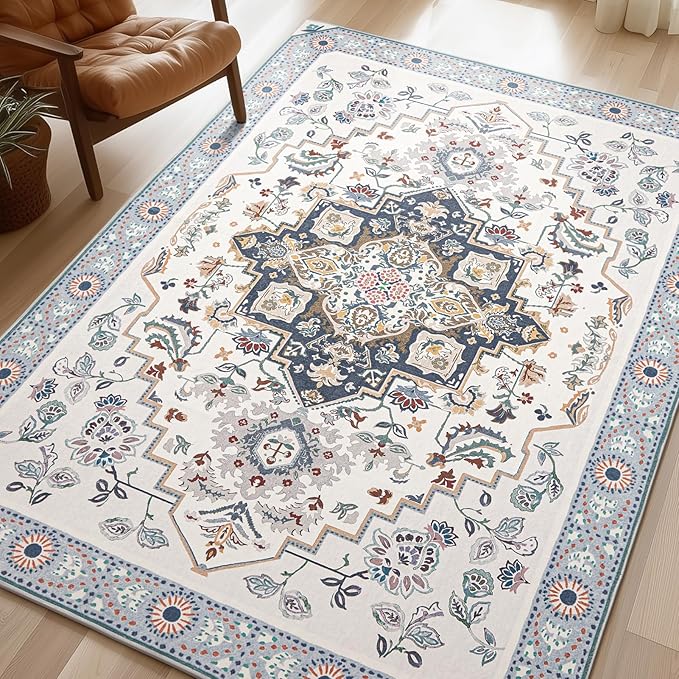 Phantoscope Washable Area Rug 6'x9' Non-Slip, Vintage Boho Rugs for Living Room, Bedroom, Dining Room, Persian Floral Medallion Pattern, Low-Pile Foldable Floor Carpet, Ivory Blue/Garden Bloom