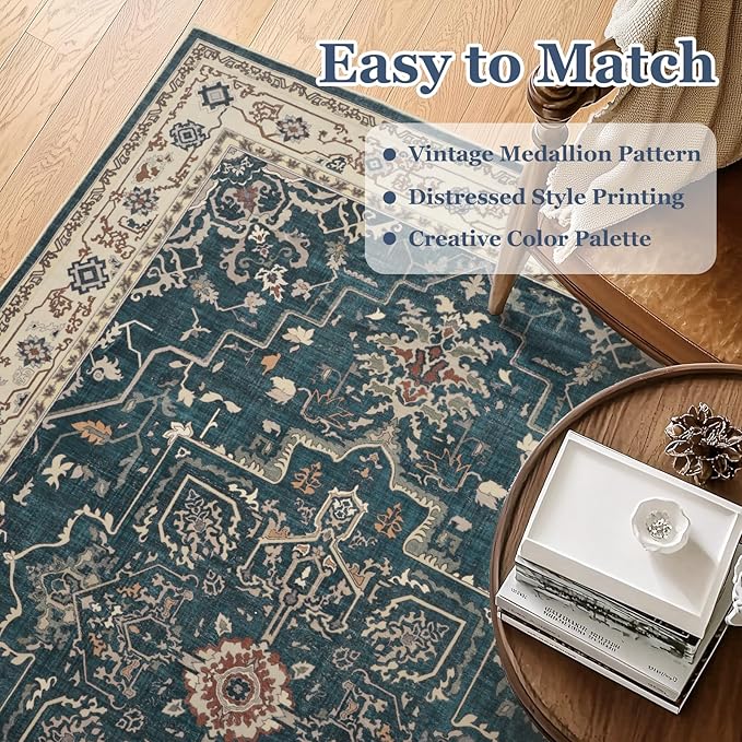 Deep Blue Hallway 2x8 Runner Rug, Washable Non Slip Entryway Runner Indoor, 0.27 Low Pile Vintage Medallion Distressed Carpet Runners 8ft for Kitchen/Bedroom Bedside/Laundry Room/Bathroom