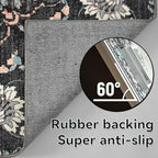 YJ.GWL Area Rugs for Living Room 9x12 Machine Washable Rugs, Non Slip Floral Vintage Rug Indoor Carpet, Stain Resistant Large Rug for Bedroom Dining Room, Black Grey Blue