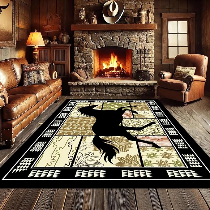 Western Horse Print Rugs 5x6ft,Boho Floral Area Rug, Botanical Print Low Pile Carpet, Stain-Resistant & Machine Washable Non-Slip Mat for Living Room, Bedroom, Dining Room