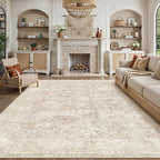 8x10 Beige Washable Area Rug for Living Room Bedroom Neutral Soft Non Slip Rug Low Pile Vintage Distressed Carpet for Dining Room Nursery Office Indoor