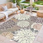 8x10 Outdoor Area Rug Washable Multicolored Patio Rug Tropical Botanical Floral Chenille Waterproof Outdoor Carpet Non-Slip for Deck, Backyard, Porch, Taupe