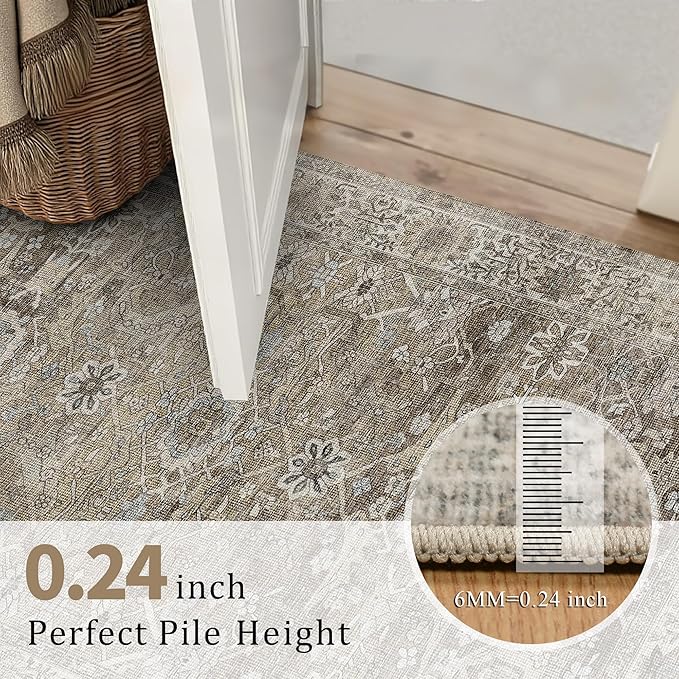8x10 Washable Area Rug Grey Brown Vintage Rug for Living Room Bedroom Low Pile Soft Non-Slip Boho Rug for Under Table Boho Distressed Retro Carpet for Bedroom Kitchen Office Dining