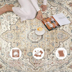 Round Rug Living Room Rugs: 10x10 Washable Boho Neutral Large Circle Soft Indoor Floral Stain Resistant Floor Farmhouse Carpet for Bedroom Nursery Kids Playroom Office Dining Room- Cream Blue