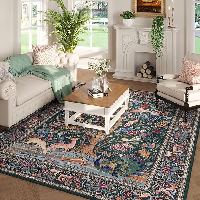 Rugcomf 8x10 Area Rugs Vibrant Tree of Life-Patterned Vintage Washable Area Rug Non Slip Low Pile Large Rug for Bedroom Farmhouse Dining Room Kids Playroom, Green