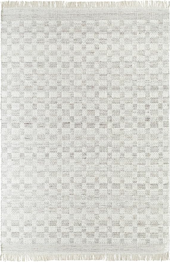 Mark&Day Wool Rugs, 6x9 Clinten Solid and Border Light Gray Checkered Rug, Grey Ivory Carpet for Living Room, Bedroom or Kitchen (6' x 9')