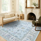 Fame Living Cream Blue Oushak Rug, Modern Rugs, Vintage, Turkish, Eclectic, Floral, Pastel, Washable, Small Throw, Accent Area Rug for Living Room, Bedroom, Kitchen, Bathroom, 2'5"x4'9