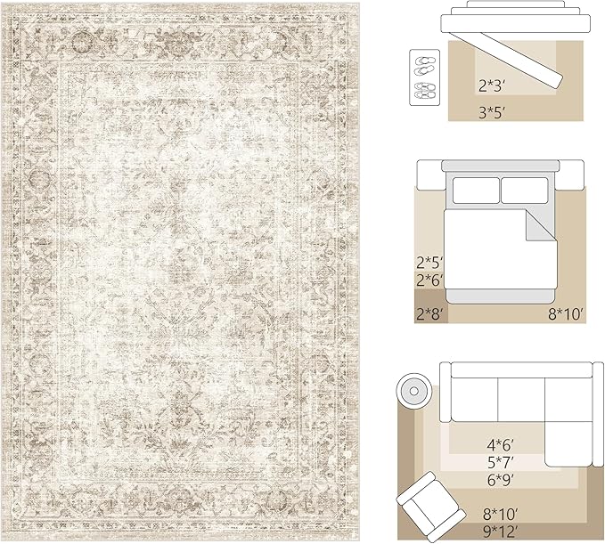 FMFUNCTEX 5x7 Washable Area Rug Neutral Vintage Beige Non Slip Low Pile Traditional Indoor Carpet for Living Room Bedroom Soft Retro Floral Mat Throw Rug for Dining Office Kitchen Dorm Entryway
