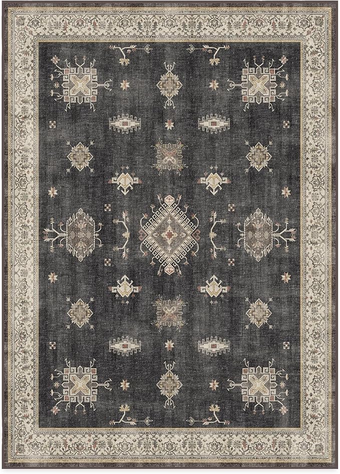 RUGGABLE Washable Vintage Area Rug – Verena Dark Wood 10x14, Stain-Resistant, Non-Slip – Large Machine Washable Rugs for Living Room, Bedroom, Hallway, Entryway & Office–with Standard Pad