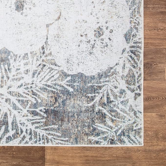 Bloom Rugs Washable Non-Slip 6' x 9' Rug - Tan/Brown/Blue Modern Floral Area Rug for Living Room, Bedroom, Dining Room, and Kitchen - Exact Size: 6' x 9'