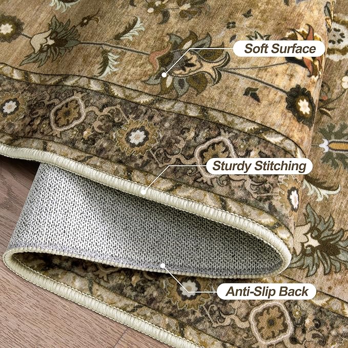 Tangsoo 3x5 Rug Floral Rug for Bedroom, Washable Vintage Rugs Indoor, Non Slip Accent Rug, Print Distressed Brown Carpet, Soft Low Pile Area Rug for Living Room Dorm Bedroom Bedside Entryway