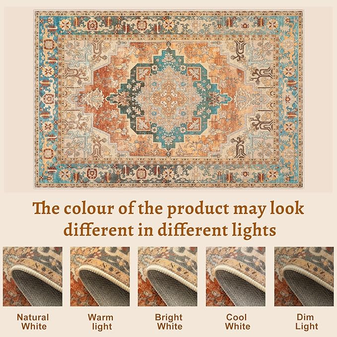 Tangsoo 5x7 Area Rug Washable for Living Room, Vintage Rug Indoor Non Slip Large Area Rugs, Print Distressed Orange Carpet, Soft Low Pile Foldable Floor Rug for Bedroom Dining Room Dorm