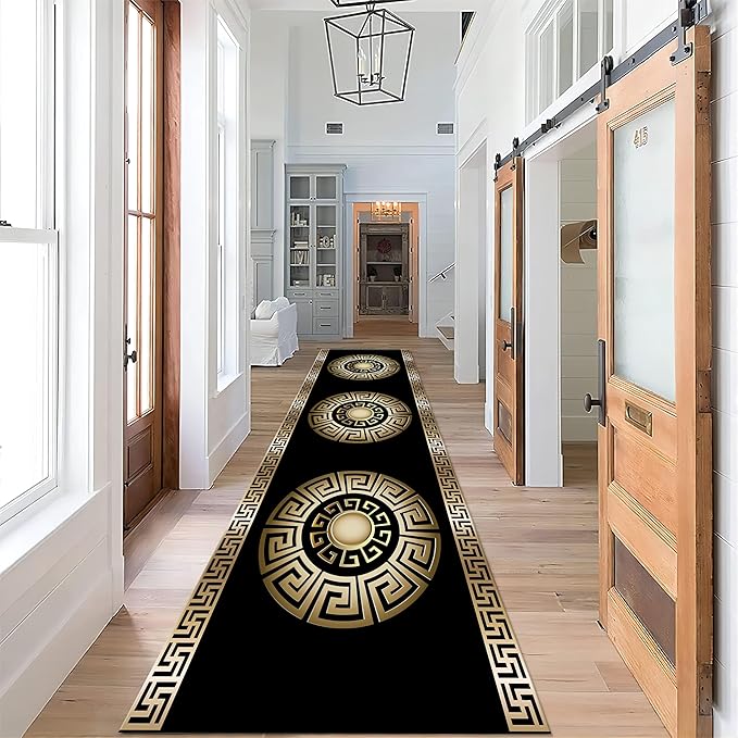 Black Gold Geometric Hallway Runner Rug, 2x10ft, Vintage Greek Key Entryway Carpet, Baroque Style Pattern Machine Washable Carpets, Durable Non-Shedding Non-Slip Rugs for Dorm Nursery
