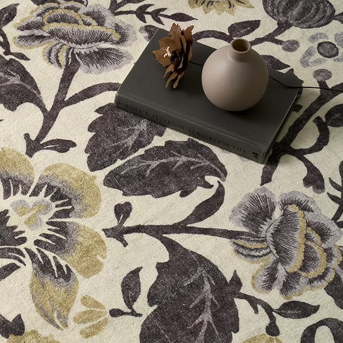 EVERGRACE Area Rugs for Living Room 6x9, Boho Floral Faux Wool Indoor Outdoor Rugs, Washable Rugs for Bedroom Dining Room Entryway Kitchen, Low Pile Floor Mat Carpet for Home Decor, Gray