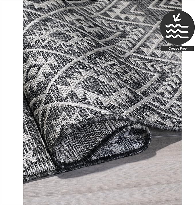 FH Home Flat Woven Outdoor Rug - Waterproof, Easy to Clean, Stain Resistant - Premium Polypropylene Yarn - Boho Moroccan - Large Patio, Deck, Sunroom - Dakar - Charcoal - 7ft 10in x 10ft 9in