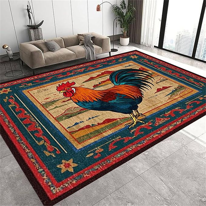 Vintage Rustic Rooster Area Rug ，4x6ft,Ethnic Design Colorful Mountains Geometric Pattern Print Rug，Low Pile Washable Rug Suitable for Farmhouse, Kitchen, Living Room, Bedroom Entryway