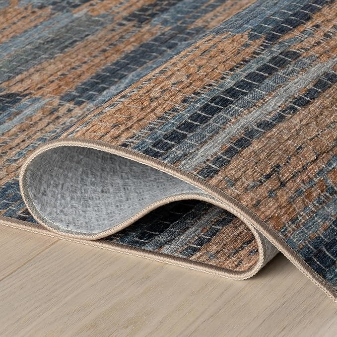 Dash & Albert Ravel Stripe Blue Machine Washable Rug, 5 X 8 Feet, Tan/Blue Stripe Pattern