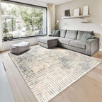 GLN Rugs Contemporary Collection - Machine Washable Area Rug, Contemporary Washable, Non Slip, Low Pile Chenille Rug, Living Room, Bedroom, Kitchen Rug (9' x 12' Lines Cream)