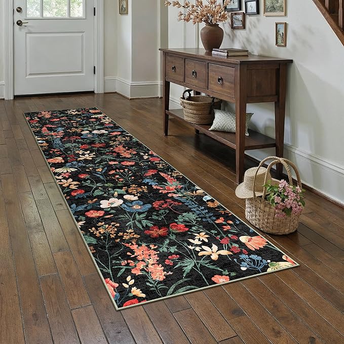 Floral Runner Rug 2x12 Washable Hallway Long Black Bedroom Carpet Non Slip Indoor Boho Kitchen Low Pile Accent Rug Lightweight Soft for Bathroom Dining Laundry Living Room