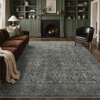 Bavni Washable Rugs 8x10-Machine Washable Rug Lightweight Low Pile, Vintage Floral Rug Non-Shedding Distressed Throw Carpet for Living Room Bedroom Office, Dark Green