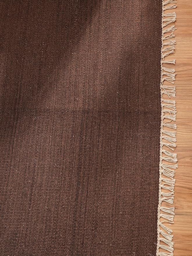 Rugsotic Carpets Hand Woven Flat Weave Kilim Wool ECO-Friendly Area Rugs - 4'x6', Rectangle Shape, Dark Brown Color, Solid Plain Design, Low Pile Handmade Rugs for Living Room, Bed Room (D00111)