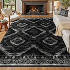 Area Rug 7x9 Rug Machine Washable Non-Slip Low Pile Print Pattern Western Rug for Living Room Bedroom Entryway Tribal Series-Black