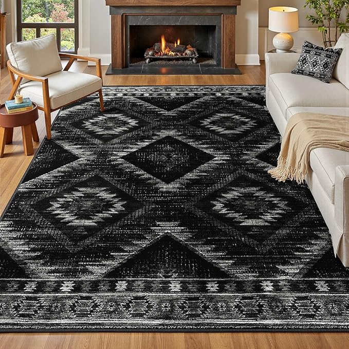 Area Rug 7x9 Rug Machine Washable Non-Slip Low Pile Print Pattern Western Rug for Living Room Bedroom Entryway Tribal Series-Black