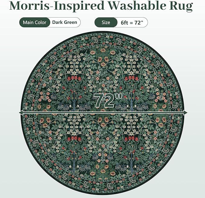 6' Round Area Rug - Floral Vintage Forest Washable Low Pile Non-Slip Carpet for Living Room, Bedroom, Dining Room, Office (Dark Green)