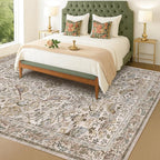 Boho 8x10 Area Rugs for Living Room - Washable Low Pile Soft Moss Floral Rug for Bedroom, Dining Room, Light Brown Taupe Low Pile Soft Carpet, Vintage Indoor Décor