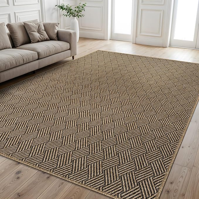 Easy Jute Rugs 6x9 Herringbone Natural Color Living Room Indoor Outdoor Area Rug for Patio and Kitchen Rug High Traffic Washable Easy to Clean Solid Boho Woven Design Carpet (6 x 9)