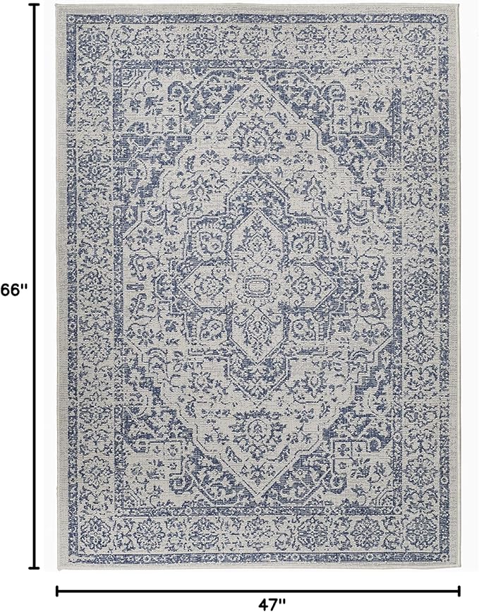 FH Home Flat Woven Outdoor Rug - Waterproof, Easy to Clean, Stain Resistant - Premium Polypropylene Yarn - Vintage - Patio, Deck, Porch,Balcony - Ankara - Distressed Blue - 3ft 11in x 5ft 6in