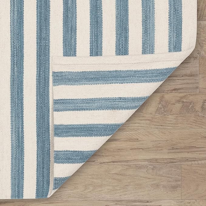 Home Conservatory Ladder Stripe Blue/Ivory Handwoven Wool 4 X 6 Feet, Blue/Ivory Stripe Pattern