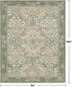 Washable Floral Bird Rugs for Living Room - Sage Green 8x10 Area Rugs for Bedroom Under Bed, Dining Room Kitchen Table Rug for Under Table, Nature Botanical Decor, Stain Resistant Non-Slip
