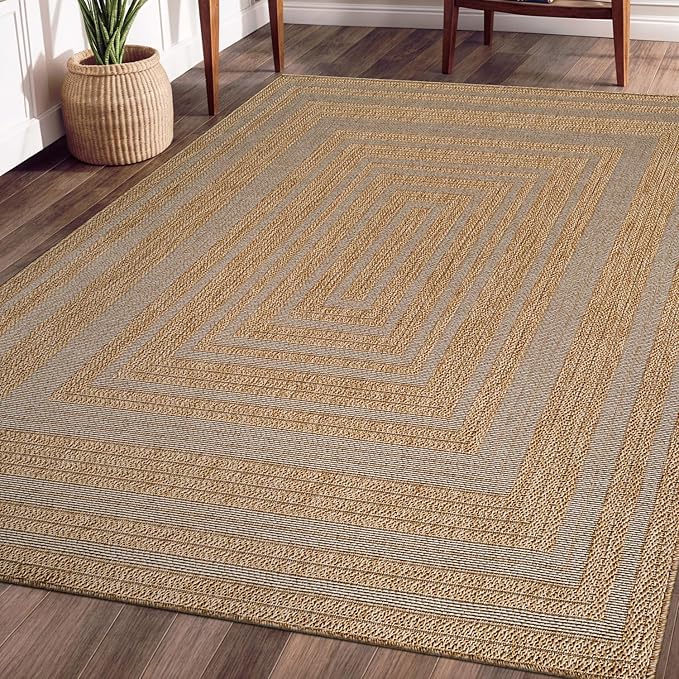 Beverly Rug Easy Jute Framed Border Rug 10x14 Washable Large Indoor Outdoor Area Rugs for Living Dining Room Patio Office Stain Resistant Non Shedding Casual Indoor Outside Carpet 10 x 14 Natural