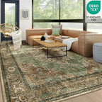 6x9 Machine Washable Area Rug for Living Room, Brown Green Boho Vintage Floral Rug Large Non-Slip Low Pile Soft Faux Wool Carpet, Kids and Pets Friendly for Bedroom Dining Room Farmhouse Decor Rug