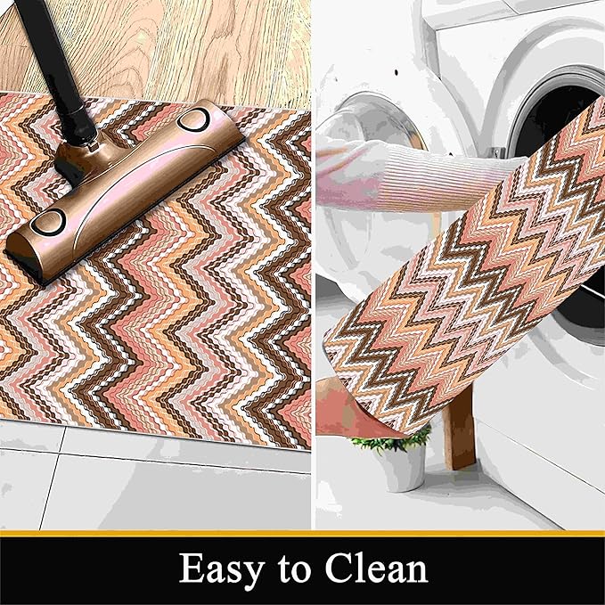 Brown Pink White Wave Runner Rug, 4x10ft Soft Tone Hallway Decor Carpet - Modern Home Corridor & Foyer Long Rug Non-Slip Mat, Washable Flannel Material, Bedroom Stylish Accent Rugs