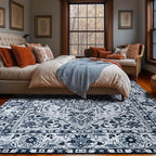 YJ.GWL Area Rugs for Living Room 4x6 Machine Washable Rugs for Bedroom, Non Slip Floral Vintage Rug Indoor Carpet, Stain Resistant Throw Rug for Dining Room Kitchen, Navy Blue